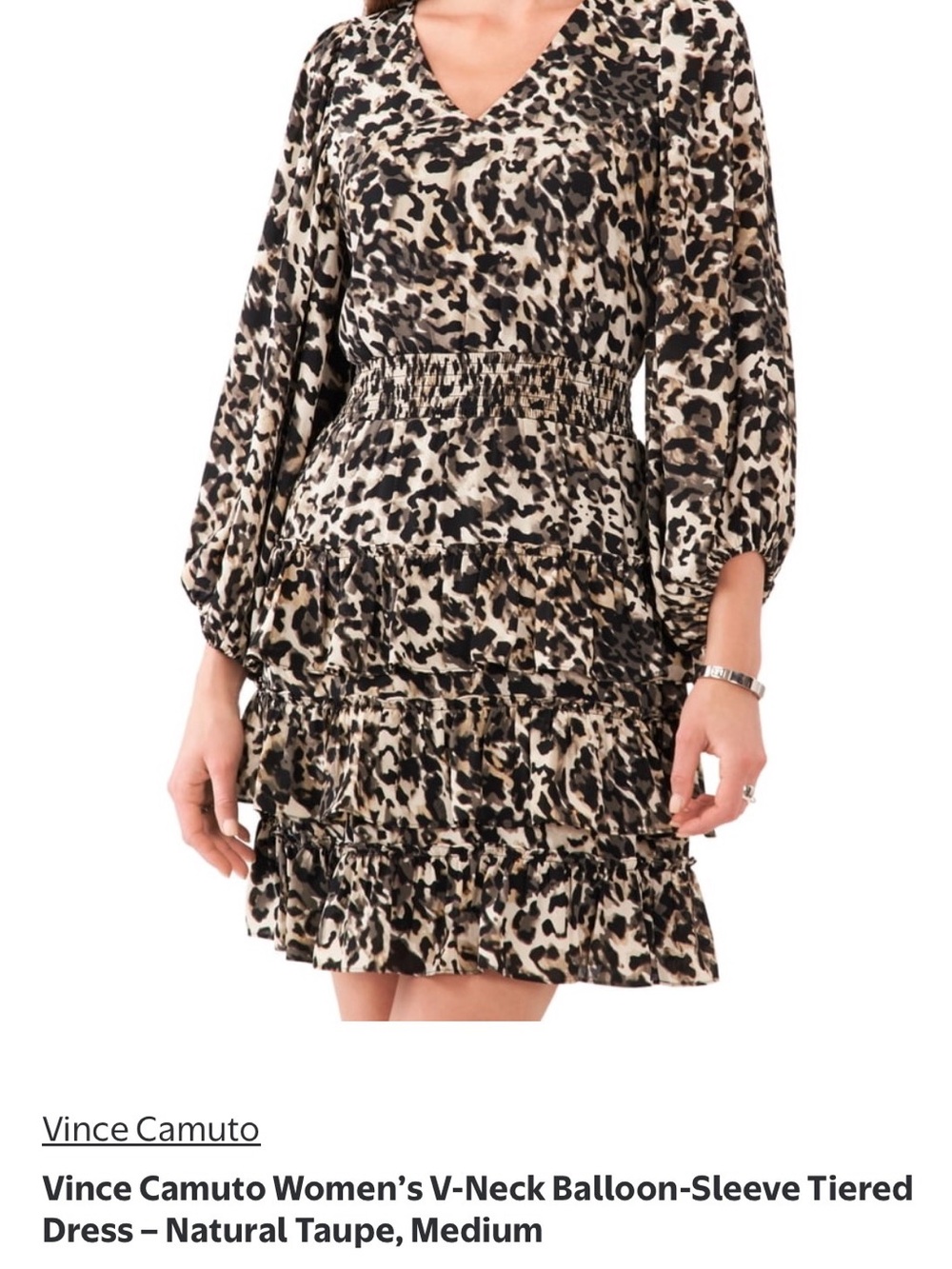 Vince Camuto Black and White Leopard-Print V-Neck Tiered Mini Dress